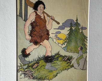 Lote de láminas antiguas de cuentos de hadas de Margaret Evans Price / Ilustración enmarcada de Jack y el cormorán gigante / Colección de arte de libros de cuentos antiguos