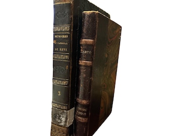 Antieke Franse boeken set 1828 en 1922 leergebonden gemarmerd bibliotheekdecor Dark Academia vintage boekenbundel