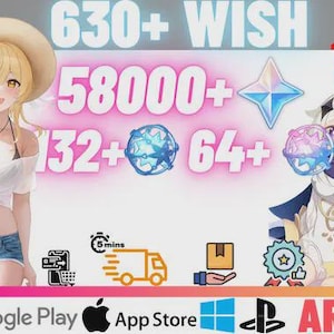 May include: An anime-style promotional image with the text "630+ WISH", "58000+", "132+", and "64+". The image features two anime characters, icons for Google Play, App Store, Windows, and PlayStation, and a "Sale up to 70%" banner.