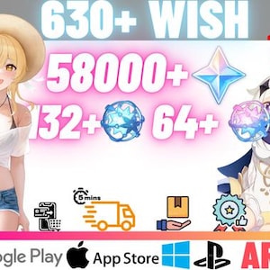 Könnte beinhalten: Eine Werbegrafik im Anime-Stil mit zwei weiblichen Charakteren, Text und Symbolen. Der Text enthält Zahlen wie "630+ WISH" und "58000+". Symbole für Google Play, App Store, Windows und PlayStation sind vorhanden, zusammen mit einem Banner "Sale up to 70%".