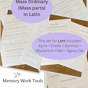 May include: A collection of handwritten Latin text sheets, featuring phrases like "Kyrie Eleison" and "Sanctus." The text is part of the Mass Ordinary, designed for tracing cursive and regular copywork. The set includes Kyrie, Credo, Sanctus, Mysterium Fidei, and Agnus Dei.