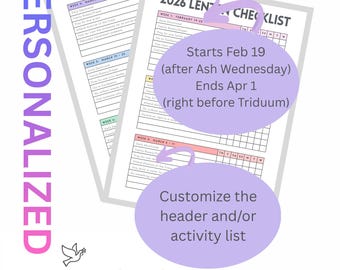 2026 Lenten Checklist *PERSONALIZED* | Christian & Catholic | Activity Tracker | Digital Download