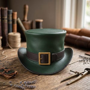 Handmade Green Leather Top Hat | Steampunk Victorian Cosplay, St. Patrick's Day Costume Festival Accessory