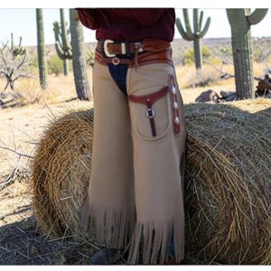 Handmade Suede Leather Chinks – Western Rodeo Fringed Cowboy Chaps, Tan Leather Gear