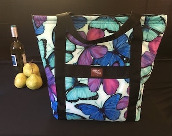 Washable, Insulated Market Tote - Blue Butterfly Print