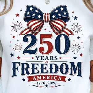 Diseño de camiseta con lazo patriótico del 250 aniversario de EE. UU. (1776-2026), libertad estadounidense del 250 aniversario, sublimación del 4 de julio.