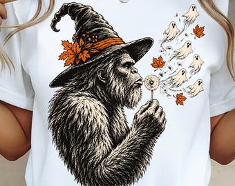 Bigfoot Halloween PNG SVG, Witch Sasquatch SVG, Spooky Ghost Bigfoot Png, Vintage Halloween Cryptid Art, Fall Sublimation Design