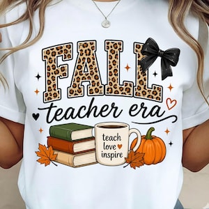 SVG PNG de la era del profesor de otoño, lazo con estampado de leopardo, café con libros de calabaza (descarga digital) imagen 1