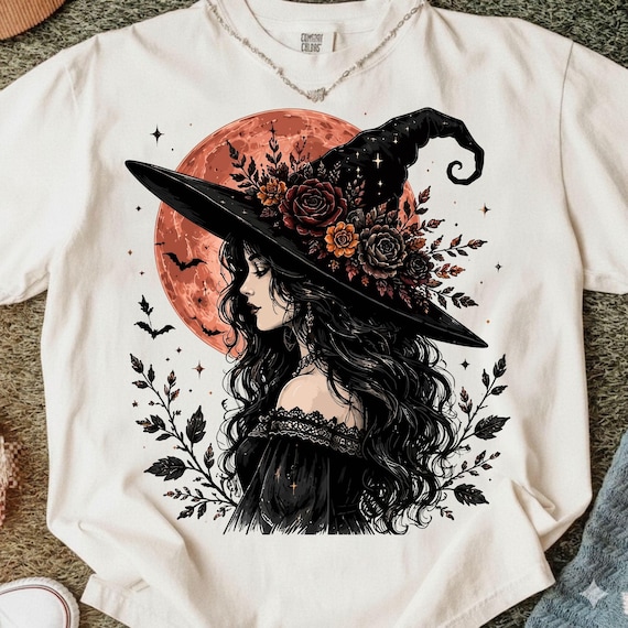 Gothic Witch PNG, Halloween Sublimation Design, Floral Witch Hat and Orange Moon, Witchy Shirt Graphic, DTF Print File, Digital Download