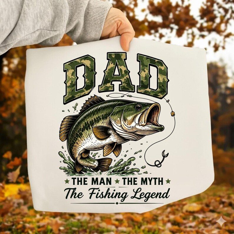 May include: White graphic print featuring a leaping bass fish with the text "DAD" in camouflage lettering. Below the fish, the text reads "THE MAN THE MYTH The Fishing Legend".