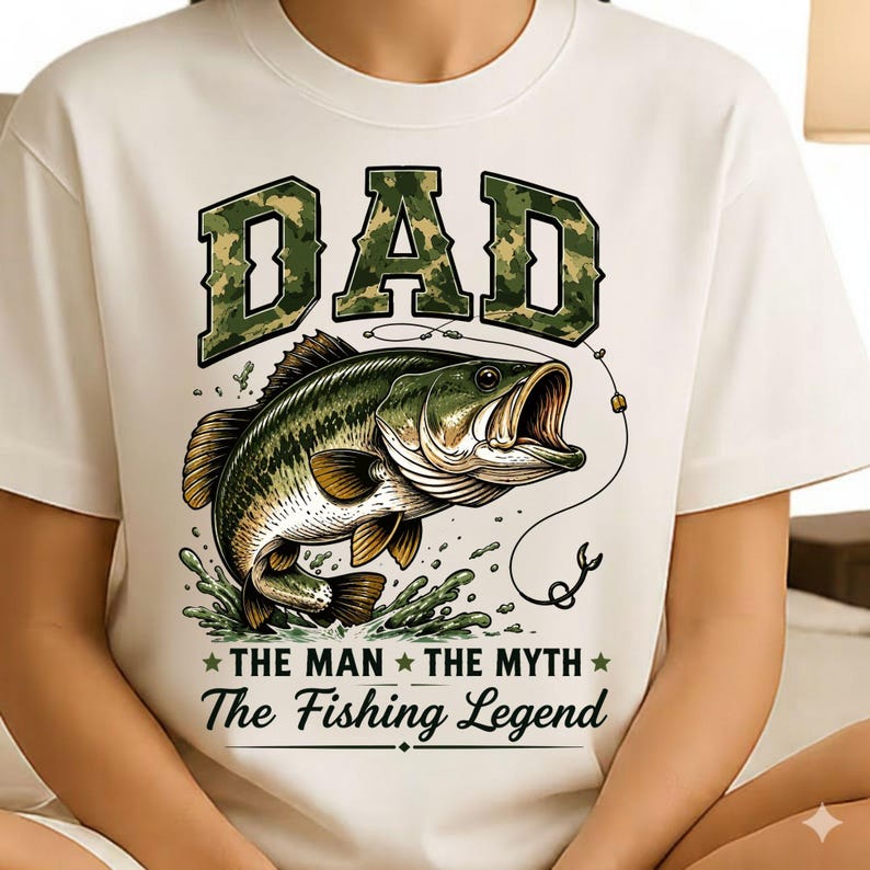 May include: White t-shirt featuring a large graphic of a leaping fish with an open mouth, a fishing hook, and the text "DAD" in camouflage lettering. Below the fish, the text reads "THE MAN THE MYTH The Fishing Legend."