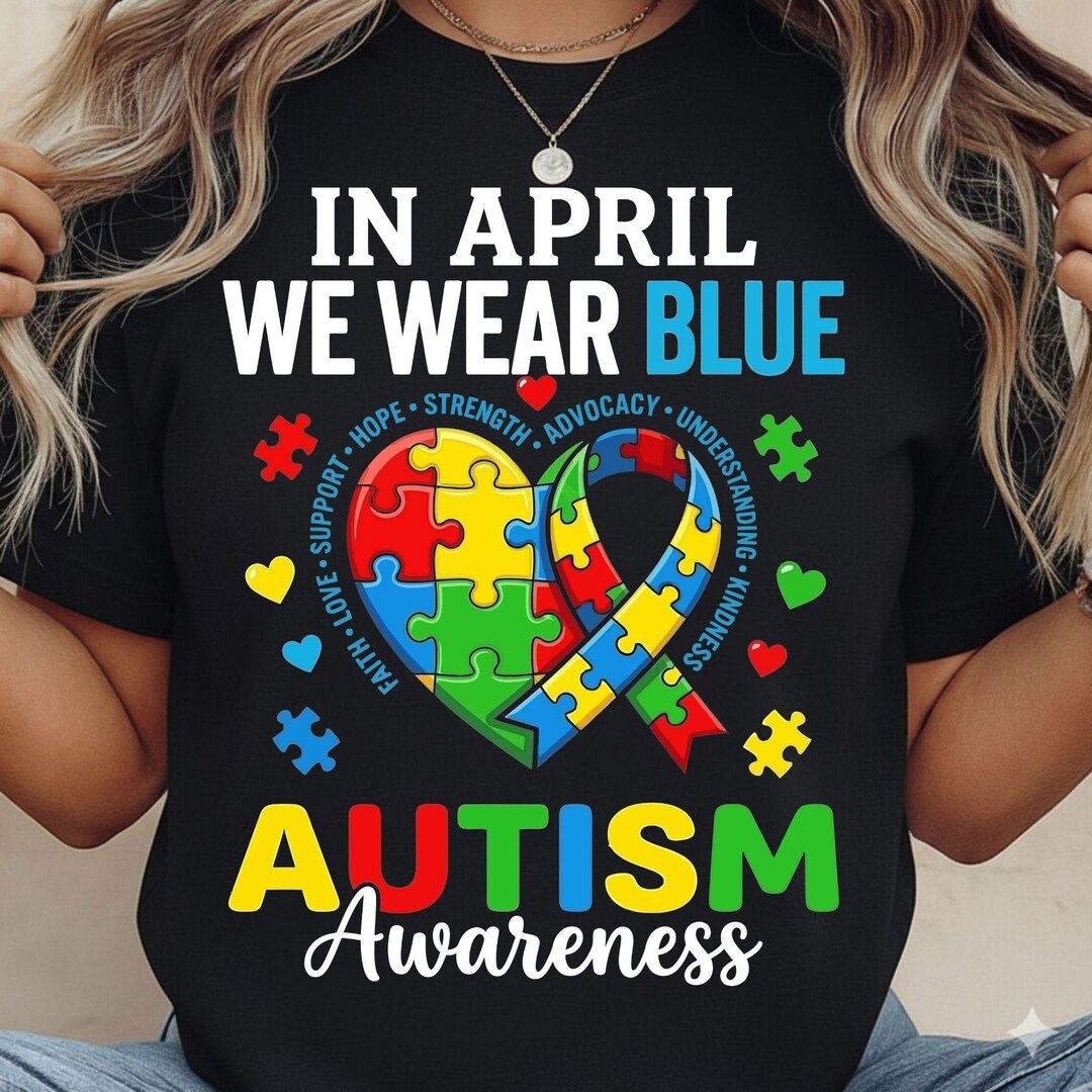 In April We Wear Blue Autism Awareness Puzzle Ribbon PNG SVG, Autism ...