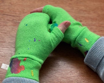 Short Fingerless Gloves, Bright Patterns - 100% Cashmere - Womens S/M