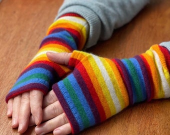 Limited Edition 100%  Cashmere Fingerless Gloves - Stripes (with THUMBS!)