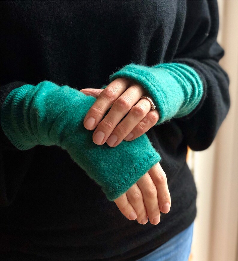 Cashmere Fingerless Gloves Greens and Teals WITH THUMBS Womens S/M image 4