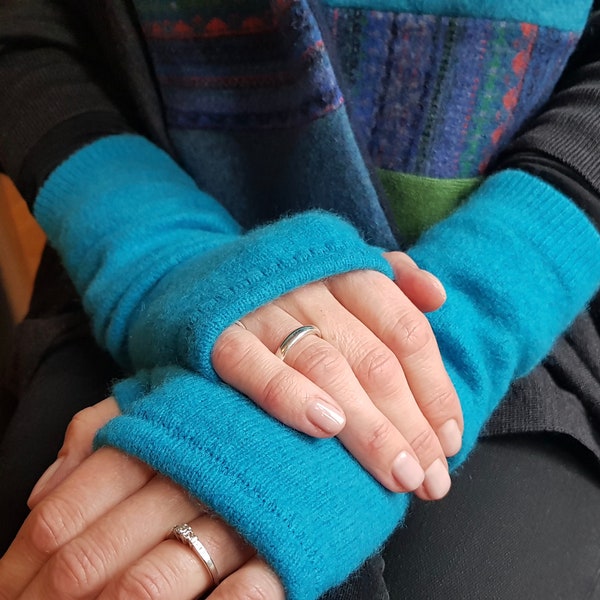 Cashmere Fingerless Gloves - Blue & Turquoise (with THUMBS!) Womens S/M