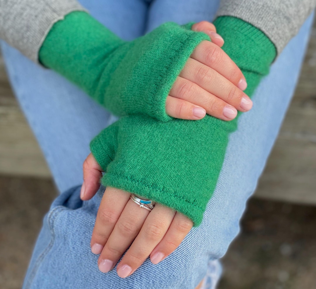 100% Cashmere Fingerless Gloves Greens and Teals (with Thumbs!) Womens  S/M