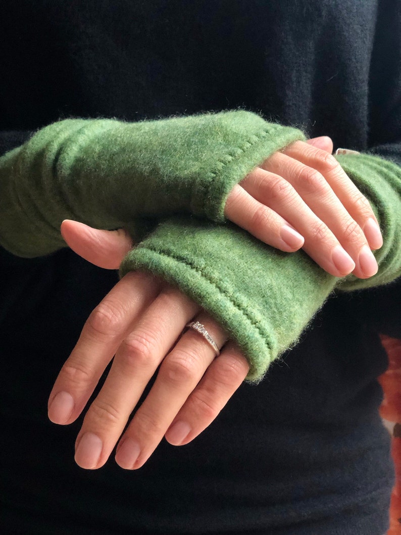 Cashmere Fingerless Gloves Greens and Teals WITH THUMBS Womens S/M image 1