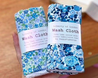 100% Cotton Liberty of London Posh Washcloth, with Organic Bamboo Towelling - Blues