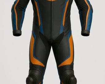 Custom 'KEY TOG' Leather Motorbike Racing Suit | Orange & Blue
