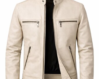 Beige leren bikerjack heren, slimfit motorjas, minimalistische stijl