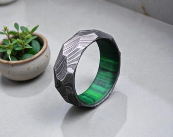 Damascus Steel Ring | Hammered Faceted Band, Green Wood Inlay, Rustic Wedding Band