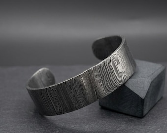 Damascus Steel Cuff Bracelet | Wide Patterned Men’s Bangle | Hand Forged Open Cuff | Anniversary Gift for Him