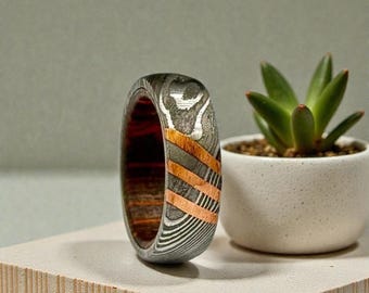 Damascus Steel Ring | Whiskey Barrel Wood Inlay, Minimalist Wedding Band