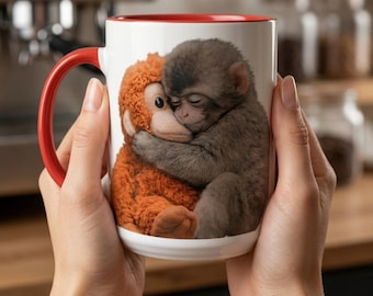 Viral Japanese Monkey Punch Mug, Hugging Baby Monkey Punch Coffee Cup Double-sided, Emotional Support for Baby Punch, Gift for Animal Lovers