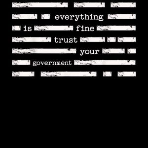 May include: Black background with white text that reads "everything is fine trust your government." The text is arranged in a typewriter-style font with horizontal white lines above and below each line of text.