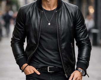 Men’s Black Lambskin Leather Bomber Jacket – Genuine Leather Varsity Style Coat – Classic Outerwear