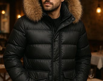 Men’s Luxury Faux Fur Puffer Jacket | Black Fashion Stylish Winter Outerwear Gift for Him