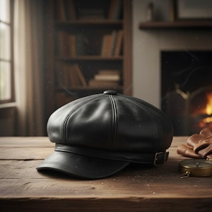 Puede incluir: Gorra de estilo newsboy de cuero negro con una pequeña visera y un detalle de hebilla. La gorra está sobre una mesa de madera, con una brújula y guantes en el fondo. Tiene un botón en la parte superior.