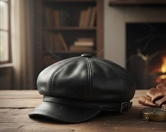 Black Leather  Cap – Vintage Baker Boy Flat Cap