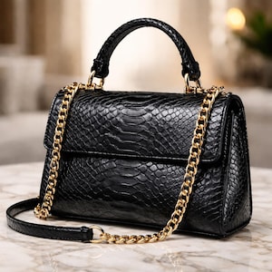 Leather Bag - Snakeskin Luxury Handbag - Elegant BLACK Exotic Leather Purse for Women