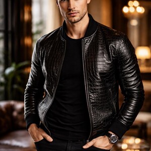 Men’s Genuine Crocodile Leather Bomber Jacket Handcrafted - Luxury Black Exotic Leather