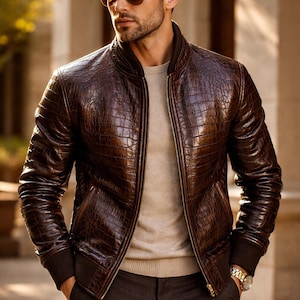 Chaqueta bomber de piel de cocodrilo auténtica para hombre, hecha a mano - Piel exótica negra de lujo