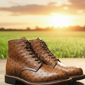 Men's Tan Ostrich Leather Boots - Handmade Exotic Ostrich Hide Lace-Up Boot