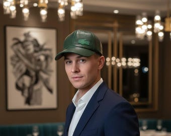 Green Crocodile Embossed Leather Baseball Cap, Luxury Gator Print Adjustable Hat