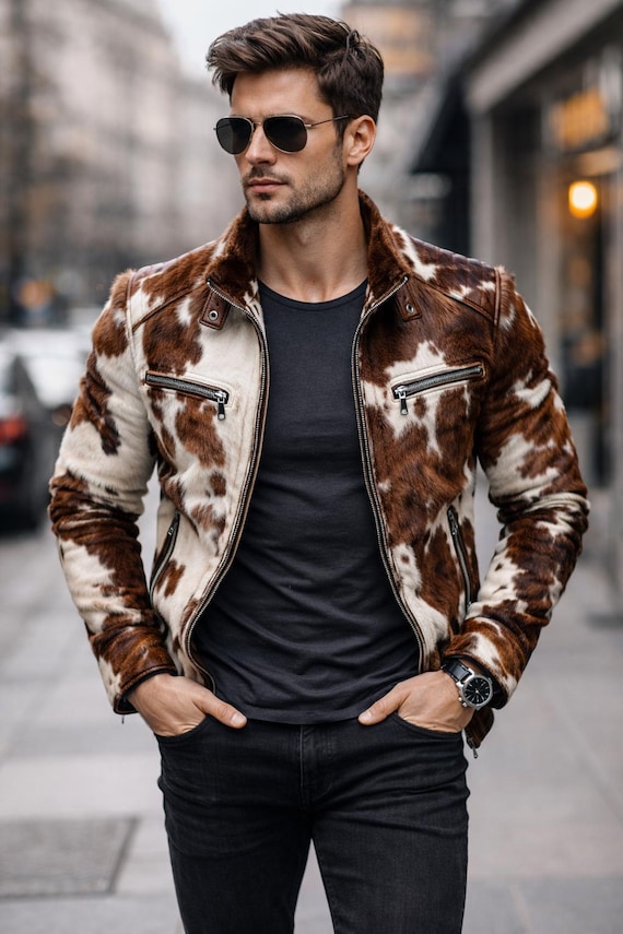 Men’s Western Cowhide Jacket, Hair-On Pony Hide, Real Cow Print Leather Coat