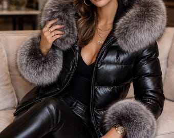 Women's Puffer Leather Jacket with Real Fox Fur Collar , Pufferjacken damen