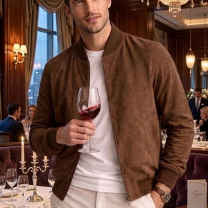 May include: A brown suede bomber jacket with a white t-shirt and white pants. The person is holding a glass of red wine. The setting is a restaurant with a chandelier and candles.