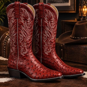 May include: A pair of deep red cowboy boots featuring a textured quill pattern on the foot and shaft. The boots have white piping along the seams, a stacked heel, and intricate white stitching patterns decorating the upper portion of the shaft.
