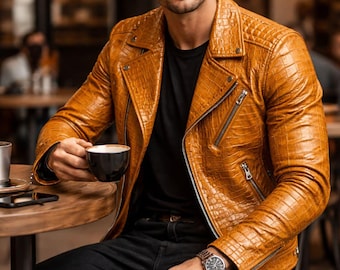 Lyxig herrjacka i äkta krokodilskinn, gul med krokodilprägling