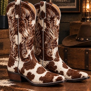 May include: A pair of tall cowboy boots featuring a brown and white cowhide pattern with textured hair-on-hide leather. The boots have intricate white stitching details on the shaft, pull tabs at the top, and a stacked wooden heel.