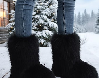 Black Fur Winter Women's Warm Cozy Snow Boots, Fluffy Festival Footwear