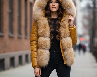 Yellow Leather Puffer Jacket: Women's Winter Coat with Fox Fur Hood Handmade