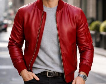 Men's Genuine Leather Bomber Jacket – Ribbed Trim, Classic Biker Style