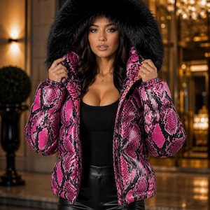 Women's Python Snakeskin Leather Puffer Jacket Faux Fur Hood