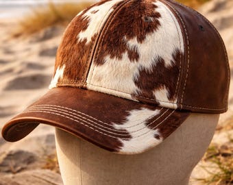 Boné de beisebol artesanal em couro bovino com pelo, estilo western.
